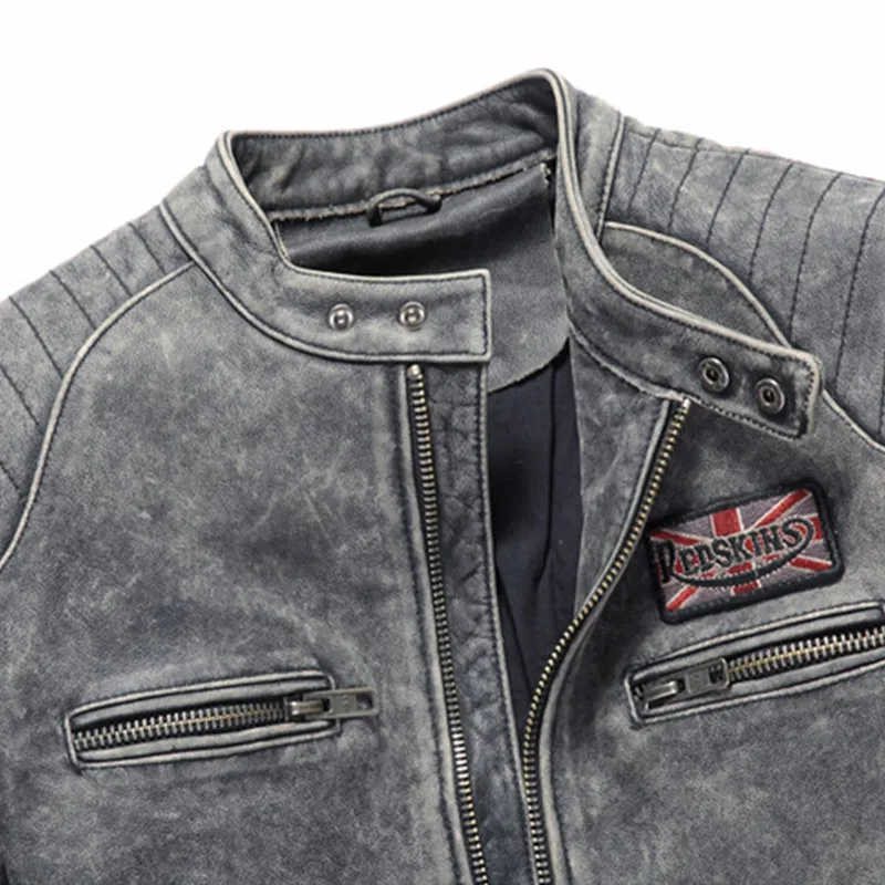 2020 Vintage Grey Men Slim Fit Motorcycle Leather Jacket Plus Size XXXL Genuine Cowhide Autumn Biker's Leather Coat