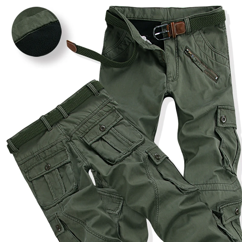 Мужские брюки-карго, зимние плотные теплые штаны, полная длина, мульти карманы, повседневные военные мешковатые штаны для бега, тактические брюки размера плюс 28-40 - Цвет: 022 Army green