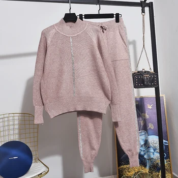 

Fashion Turtleneck Knitted Sweater + Pencil Pants Women Two Piece Set Spring Autumn Loose Casual Solid Tracksuit Female Outfits