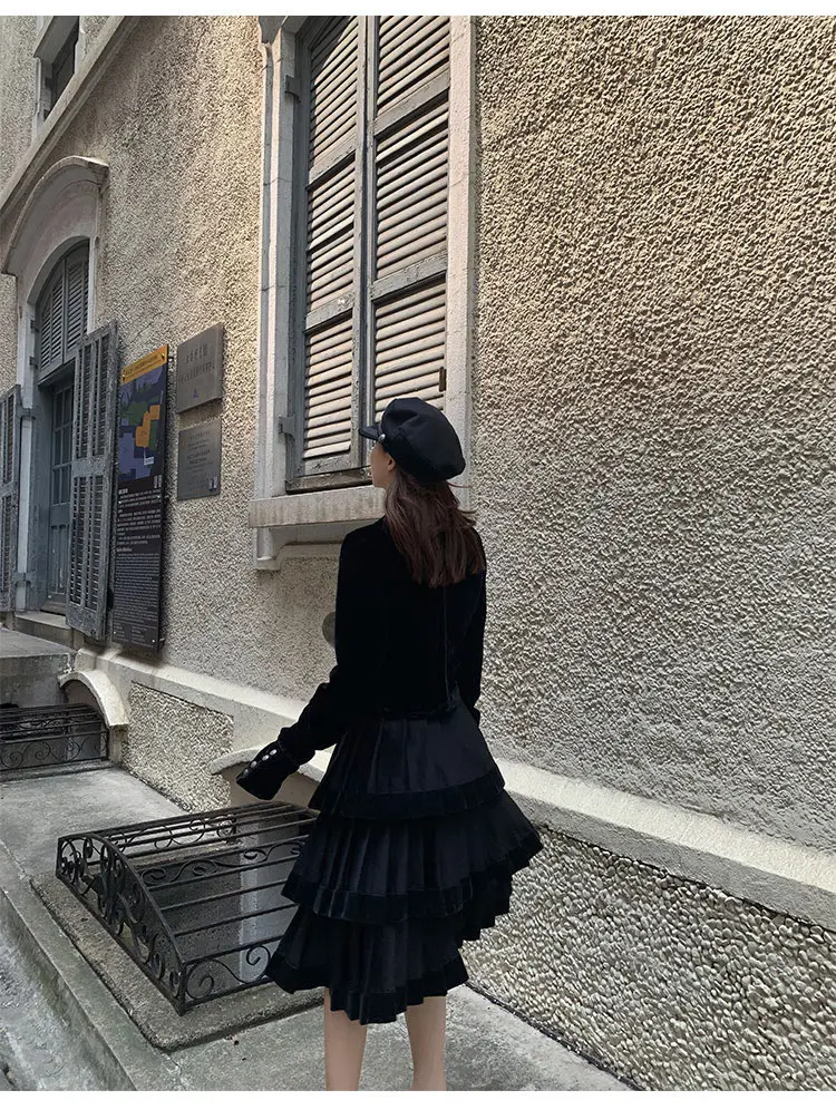 XITAO Лоскутная винтажная многослойная юбка с оборками для женщин Осень стиль черная элегантная трапециевидная юбка с естественной талией GCC2095
