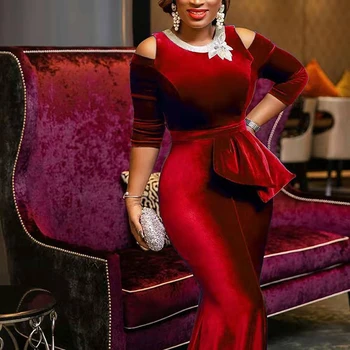 

Retro Red Velvet Mermaid Long Dress Women Plus Size Evening Party Elegant Off Shouder Ruffle Female Vintage Maxi Party Dress