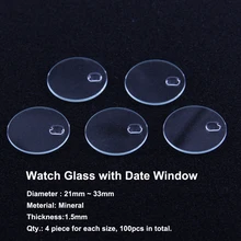 100 шт./кор. часы Стекло Запчасти для авто 21 мм~ 33 мм минеральной туфли на плоской подошве с круглым носком, часы Стекло с датой объектив для часовщика ремонт