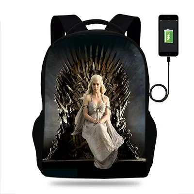 17 дюймов Для женщин khaleesi Daenerys школьные сумки для девочек рюкзаки школьные ранцы портфель для детский ортопедический Рюкзак mochila escolar Usb зарядка сумка для книг