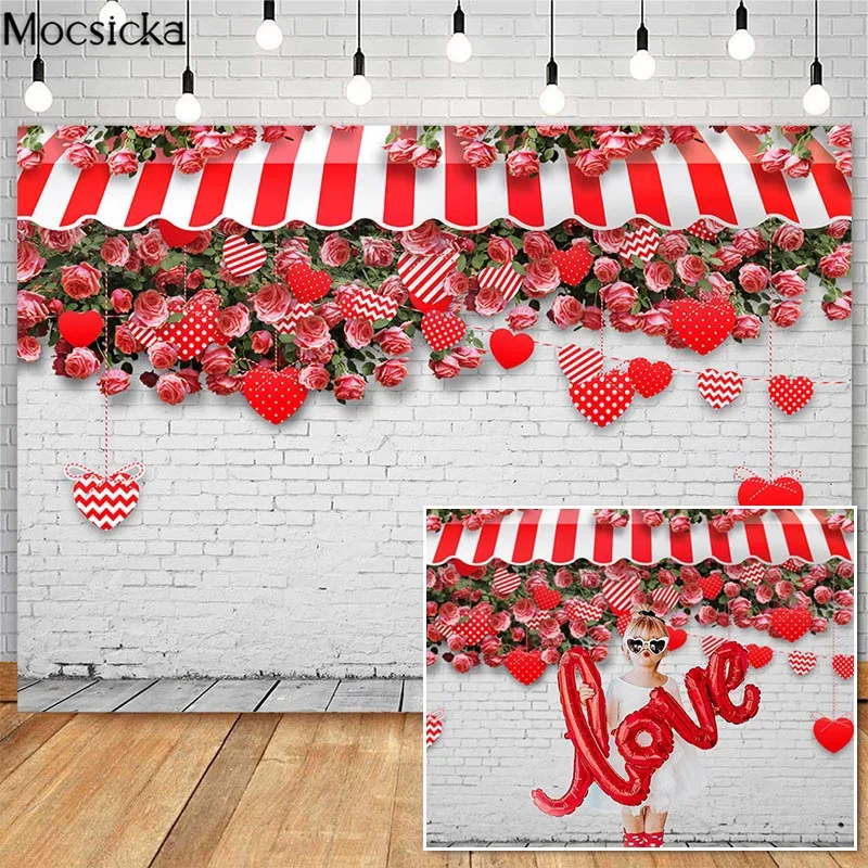 

Mocsicka Valentine's Day Rose Shop Photography Backdrops Love Heart Decor White Brick Wall Photo Props Studio Booth Background