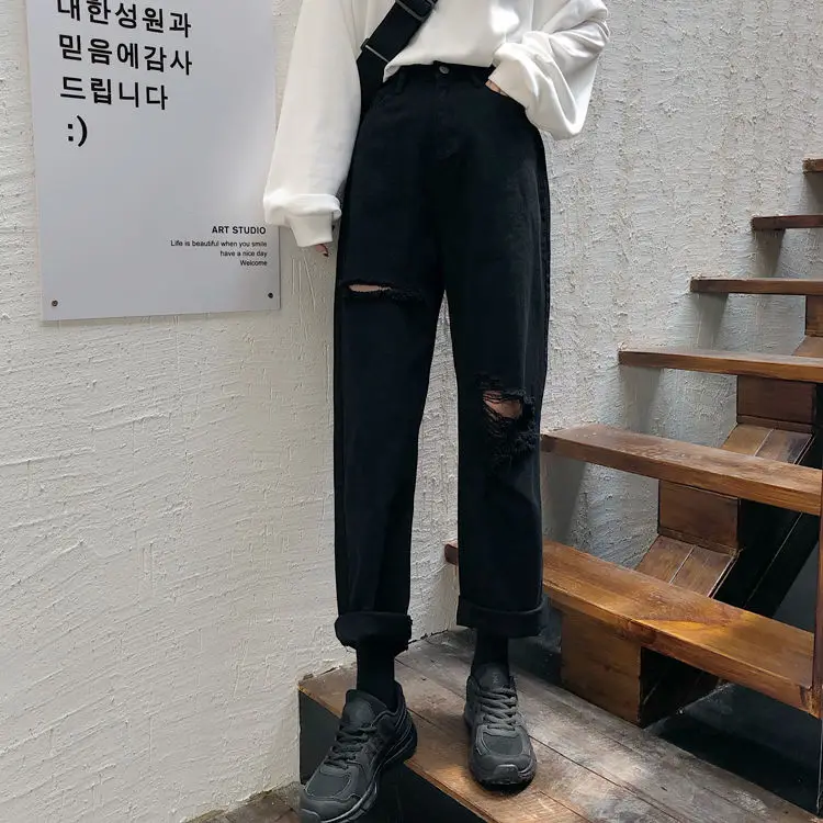 Women High Waist Ripped Jeans Elastic Waist Loose Ladies Straight Street Style Denim Boyfriend Ankle-Length Pants 5XL Plus Size