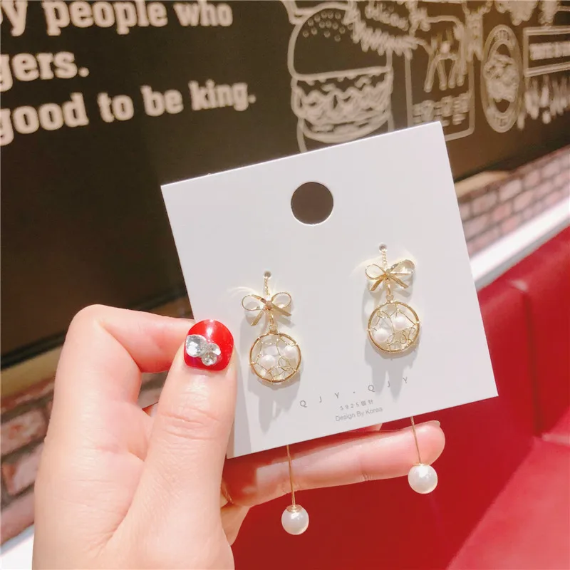 

2019 New Korea Style Bow Round Imitated Pearl Drop Earrings for Girl Women Fashion Jewelry Accessories