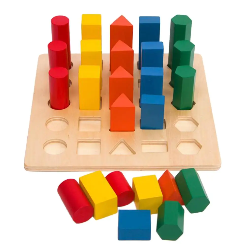 Wooden Geometric Pillars Ladder Blocks, Montessori Materials Shape Sorter Toy, Early Learning & Educational Tools