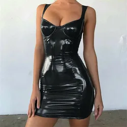 2019 sexy sem costas clube festa vestido curto sólido preto molhado olhar látex bodycon couro falso push up bra mini micro vestido collant
