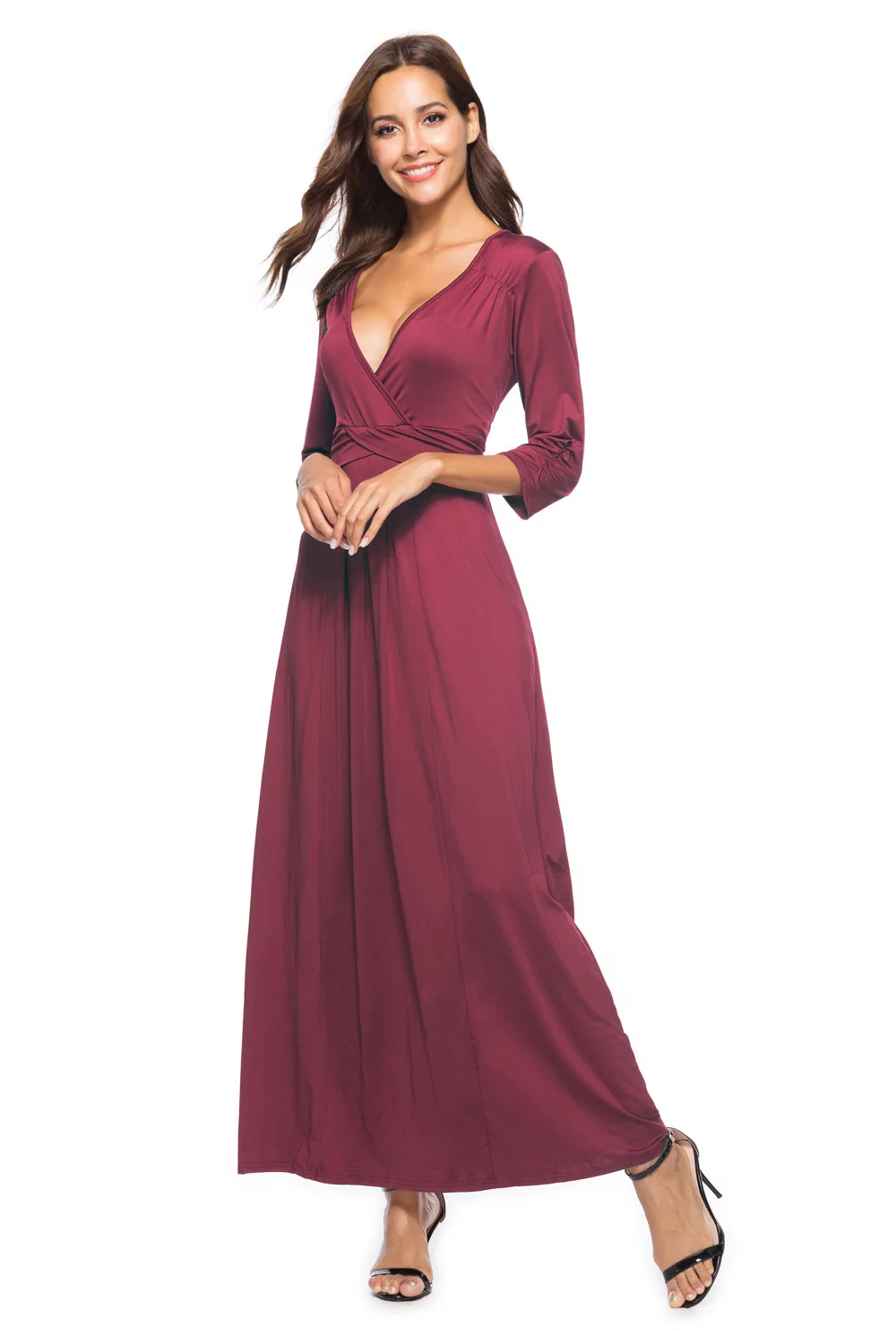 Sexy V neck Solid Black Formal Party Maxi Dress for Winter 3/4 Sleeves Vintage Floor-Length Occation Club Dress Plus Size