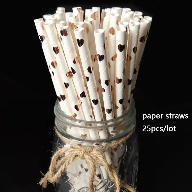 paper straws 25pcs Принадлежности для дня рождения, одноразовые столовые приборы, тарелки из розового золота, салфетки для стаканчиков для свадьбы, дня рождения, вечерние украшения - Цвет: paper straws 25pcs