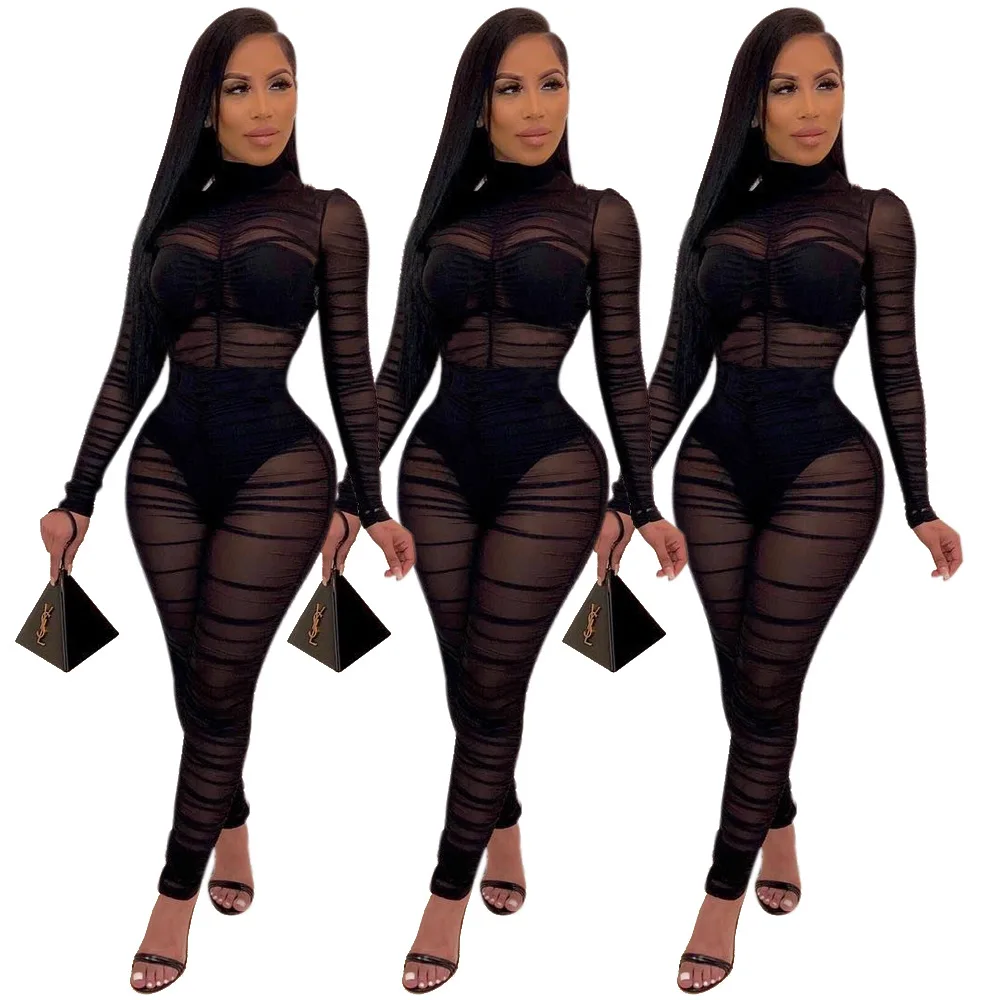 

Long Sleeve See Through Bodycon Jumpsuit Women Romper Black Ruched Fold Sexy Sheer Mesh Transparent Rompers Club Party Outfit