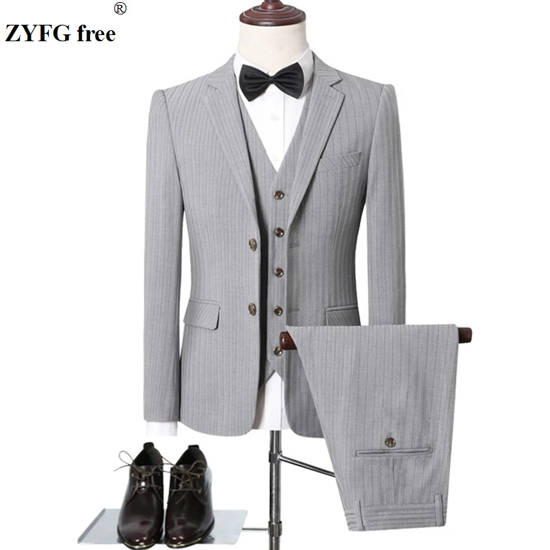 

Autumn winter men formal suits sets Slim Fit Office Blazers+Pants+Vest set stripe solid color men casual sets high quality Sets
