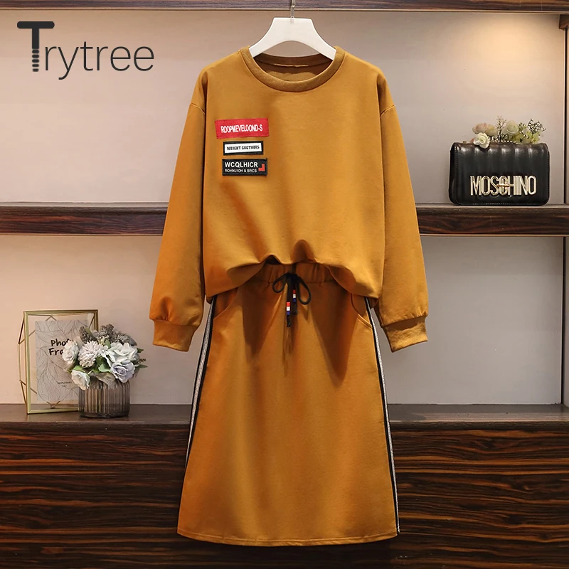 

Trytree Autumn Two piece Sets Women O-Neck Pattern Tops + Skirts Knee-Length Elastic Waist Pockets Drawstring Casual 2 Piece Set