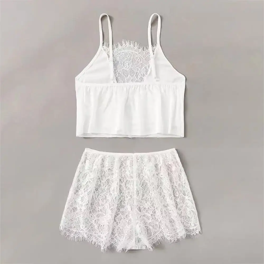 

Ladies Solid Color Lace Sexy Camisole Sleeveless Pajama Set White Set