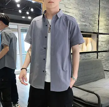 

2019 new summer short-sleeved shirt men's five-point sleeve solid color slim large size shirt AA382-01-08