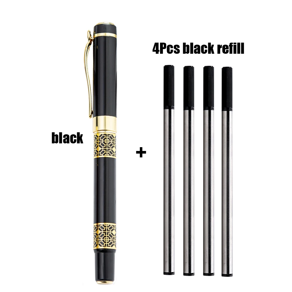 

1+4Pcs Business Roller Ball Pen Metal Ink Pen Gold Carving Black Wood Signature Stationery Office School Writing Ballpoint Pen