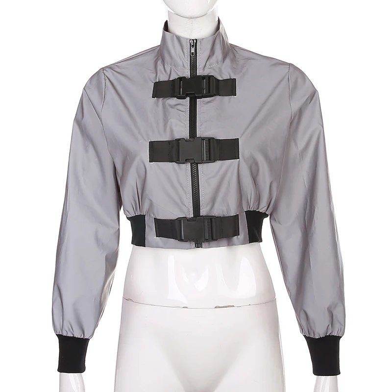awesome  Hip Hop Reflective Crop Jacket Streetwear Buckle Patchwork Winter Jackets Women Zipper Up Long Slee