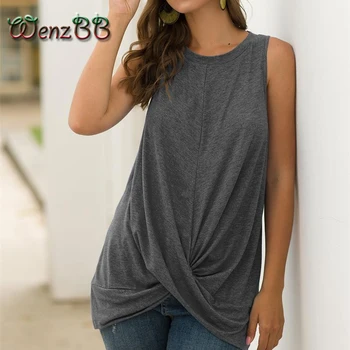 

Wenzbb Loose Twist Knotted T-Shirt For Women 2020 Spring Summer Casual Sleeveless Round Neck Tees Top Dropshipping