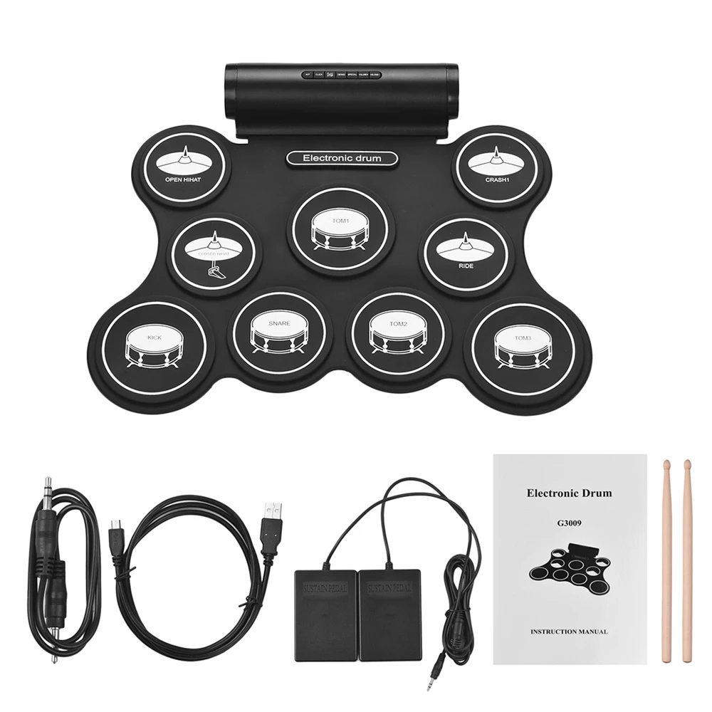 

Portable Stereo Digital Electronic Roll Up Drum Kit 9 Silicon Drum Pads Support MIDI Function Built-in Speakers USB Powered