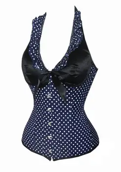 

Halter neck Polka Dot Corset Satin Overbust Corsets Ruffles Trim Boned Korset Front Busk Bustier Waist Slimming Gorset