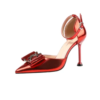 

2020 spring, summer and autumn new European and American pointed patent leather stiletto square buckle all-match belt heel shoes