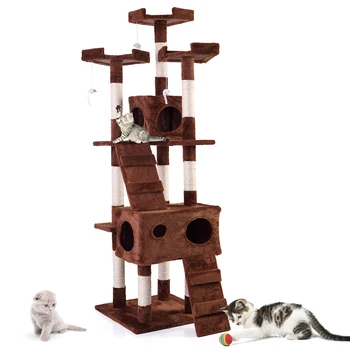 

67 Inch Tall Cat Activity Tree House Climbing Tower With Scratching Posts Kittens Multi Level Sisal-Covered Scratching AKC6381