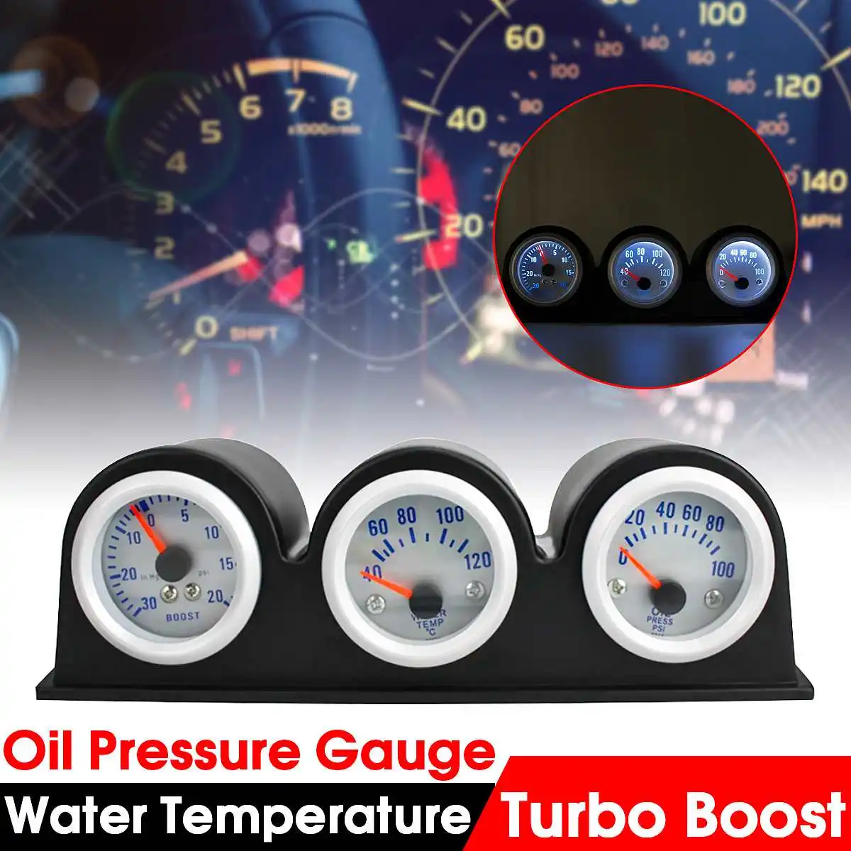 

2" 52mm 3 in 1 Car Led Triple Gauges Turbo Boost Water Temperature Oil Pressure Gauge DC12V Auto Universal Professional Gauges