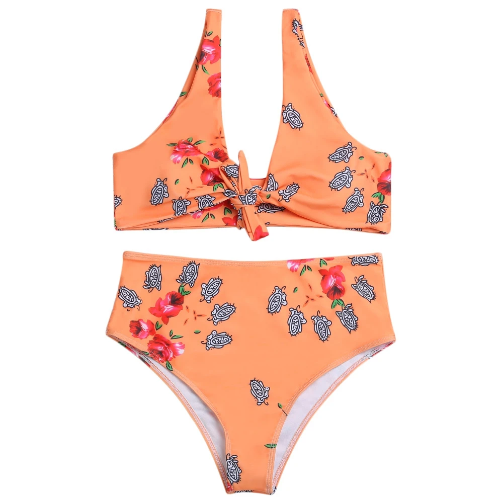 

Sexy Plunge Neck Shoulder Strap Padded Bowknot Print High Waist Women Bikini Set