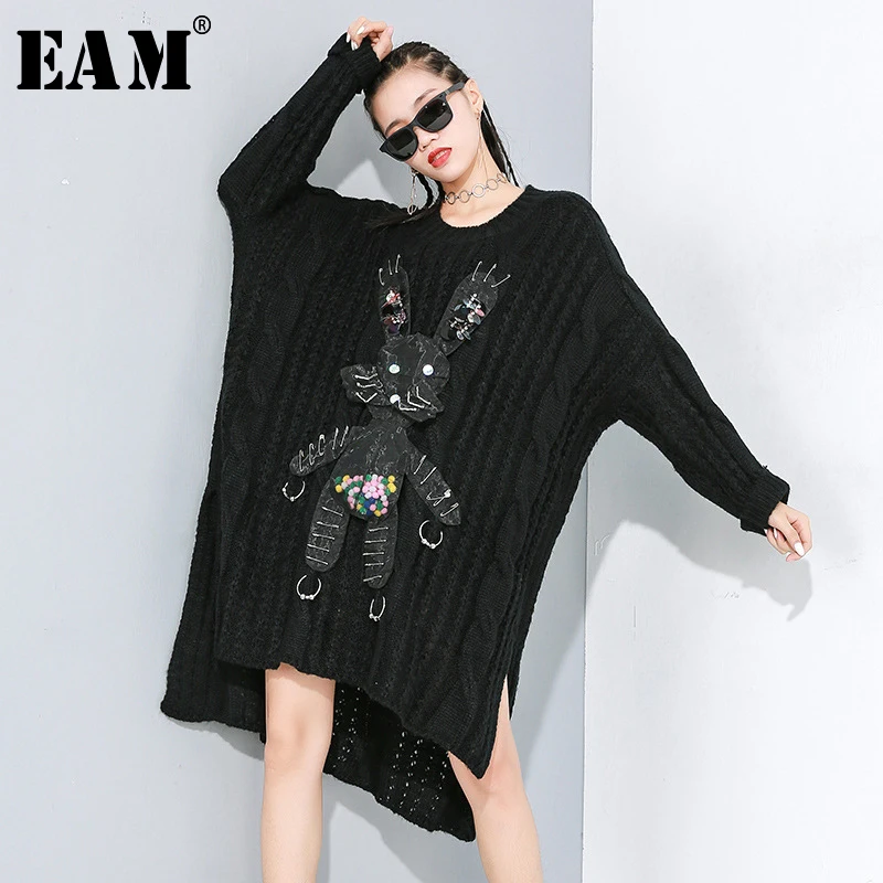 Best Price [EAM] Black Big Size Asymmetrical Knitting Sweater Loose Fit Round Neck Long Sleeve Women Pullovers New Fashion Spring 2020 1N20
