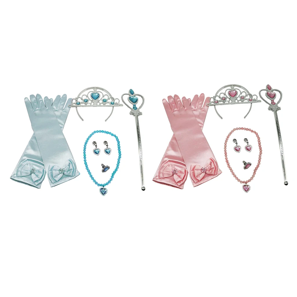 Girl Fairy Princess Beautiful Dress Girl Fancy Dress Costume Pink Blue Gloves Wand Tiara Jewelry Set