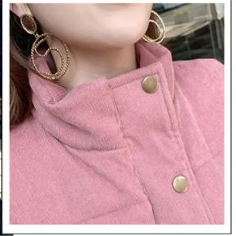 corduroy Autumn Winter Women Vest Fashion Down Cotton Waistcoat Female Stand-Collar Slim Button Short Vest Mujer M063