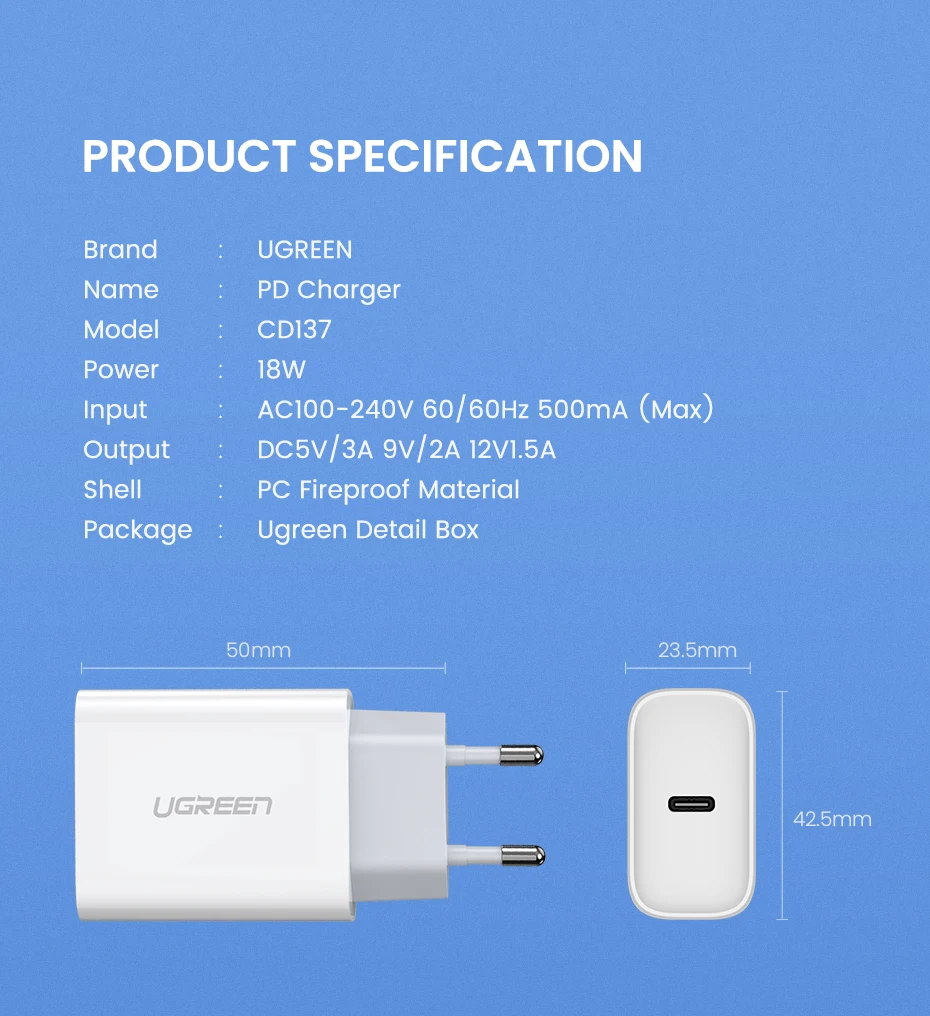 UGREEN USB C Wall Charger, 18W PD 3.0, QC 4.0, Cable Not Included