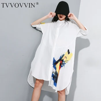 

TVVOVVIN 2019 New Spring Summer Stand Collar Half Sleeve Print Pattern Irregular Big Size Loose Shirt Women Blouse Fashion C741