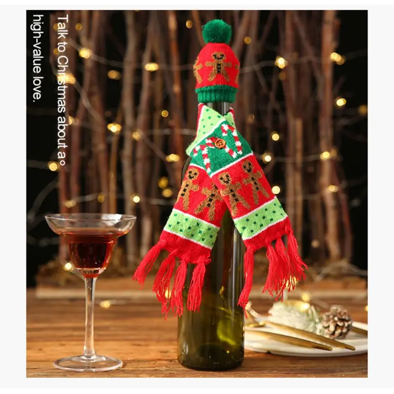 Вязанный уродливый свитер, Рождественская Крышка для бутылки вина, набор, шарф и шапка для рождества, праздничный обеденный стол, Декор, подарочная упаковка