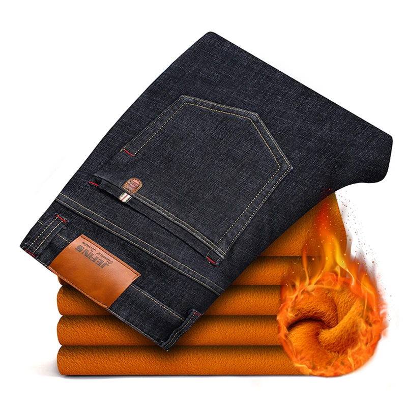 

2020 Winter New Brand Men's Warm Jeans Casual Stretch Slim Denim Pants Male Big Size Men Trousers 40 42 44 46 Black Blue