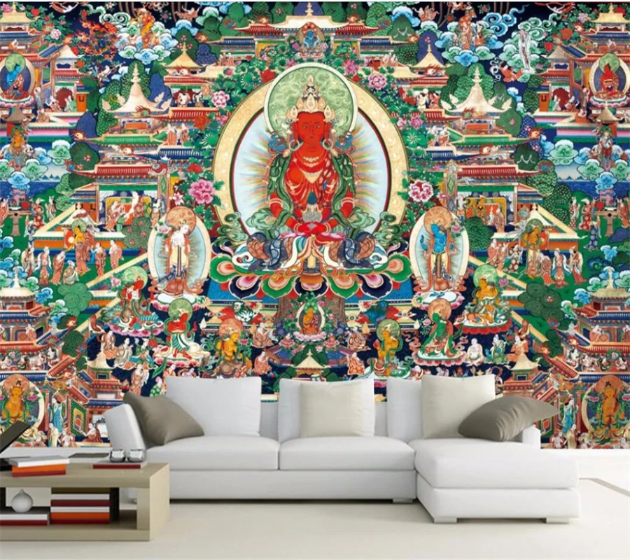 

beibehang Thangka Temple Buddhist mural Buddha like background wall Custom large mural green wallpaper papel de parede