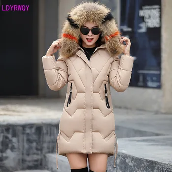 

2019 autumn and winter new Korean women's large fur collar hooded long-sleeved stitching zipper pocket pleated warm Parkas