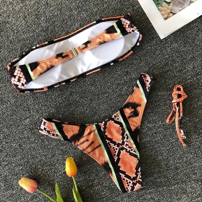 Сексуальный леопардовый ребристый бандо женский купальник бикини женский купальник комплект бикини из двух предметов Бразильский купальный костюм 5296
