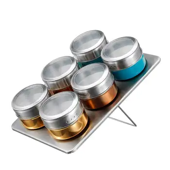 

6 Pieces Magnetic Spice Jars Set Stainless Steel Salt Pepper Spray Shakers Spice Rack Plate Seasoning Condiment Container