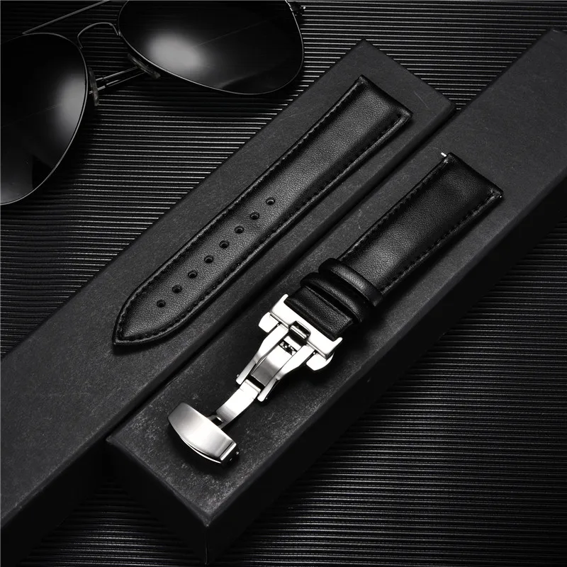 Premium Leather Watchband with Stainless Steel Butterfly Buckle