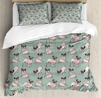 

Pug Duvet Cover Set Dogs with Various States Sitting Standing Stretching Cartoon Style Pet Drawing Decorative 3 Piece Bedding