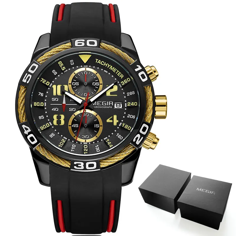 MN2045G-Black gold Megir Мужской спортивный хронограф кварцевые наручные часы водонепроницаемые силиконовые армейские гоночные светящиеся часы Relojios Masculinos 2045-1N3 - Цвет: MN2045G-Black gold