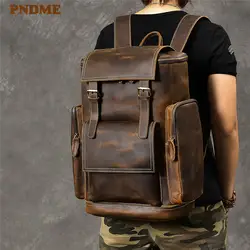 PNDME Высокое качество crazy horse воловья кожа мужской рюкзак большой емкости ноутбук рюкзак Винтаж Натуральная кожа дорожные сумки