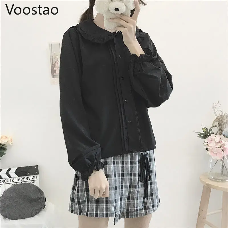 Lolita Blouses Autumn Winter Japanese Style Girly Peter Pan Collar Lantern Long Sleeve Tops Women Sweet