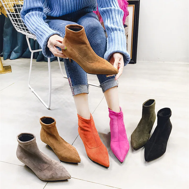 

European Style Candy 6 Colors Female Pumps Pointed Toe Kitten Heels Stiletto Short Boots Elastic Boots Women's Shoes OULYYYOGO