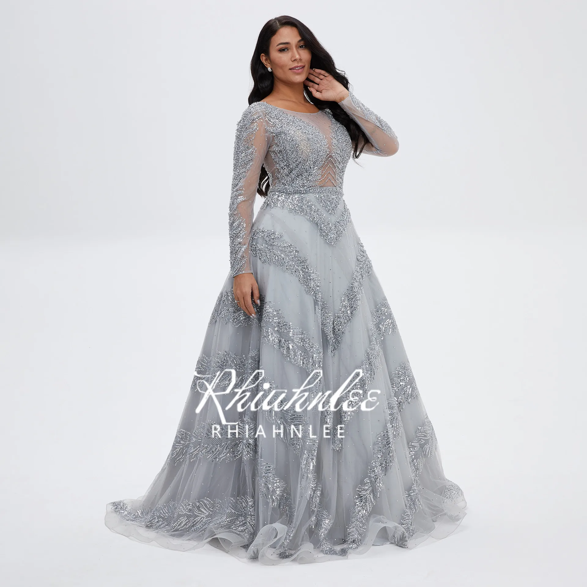 ball gown for women Dubai Grey Long Sleeves Crystal Beaded Sequin Evening Dresses A-Line Floor Length Formal Gowns red evening dress