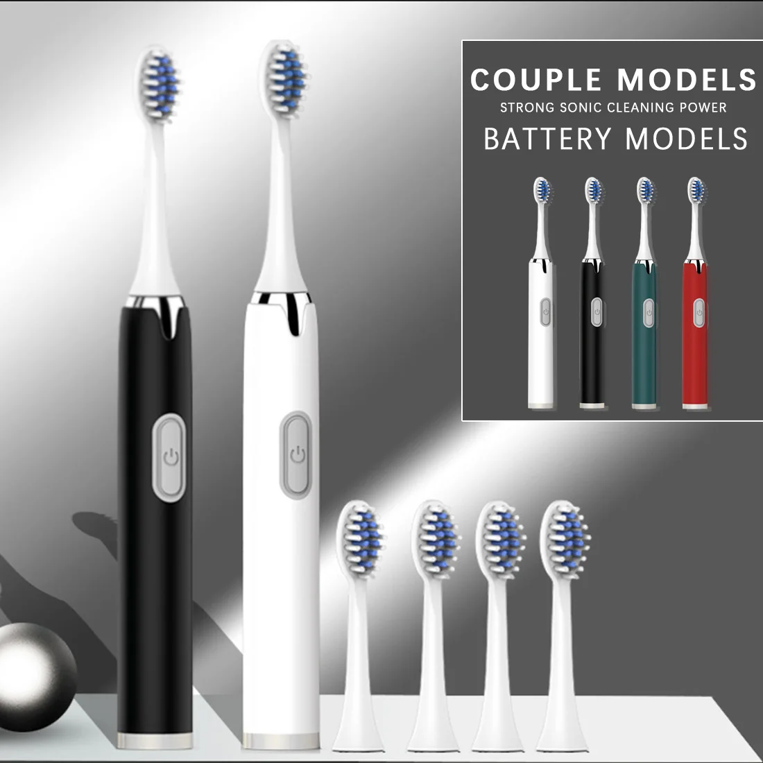 

Ultrasonic Electric Toothbrush With 5 Replacement Brush Heads Waterproof Battery Automatic Smart Teeth Cleaner Adult Couples