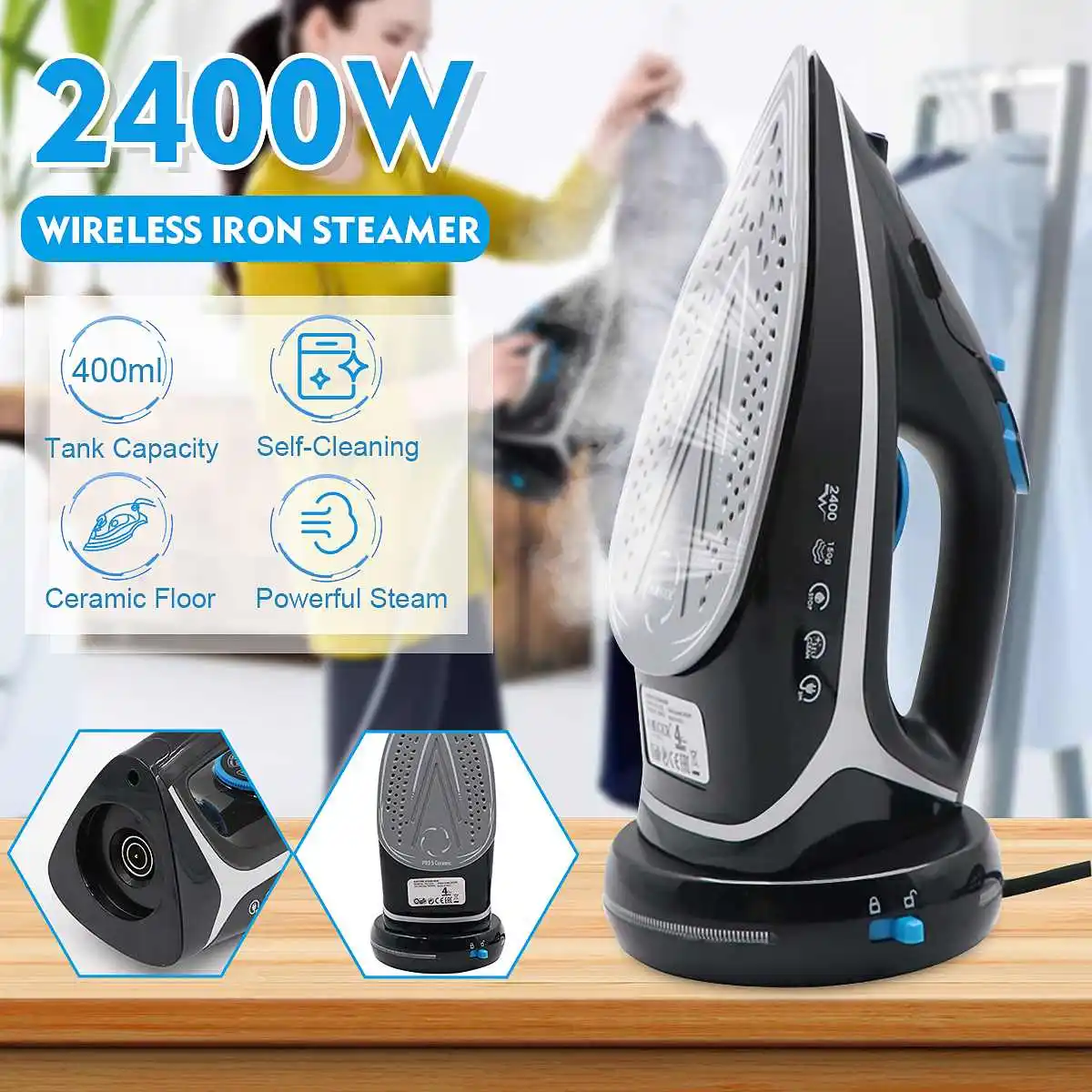 

400ml 2400W Cordless Steam Irons For Clothes Home Travel Portable Ironing Steamer Vertical Electric Irons Self-Cleaning