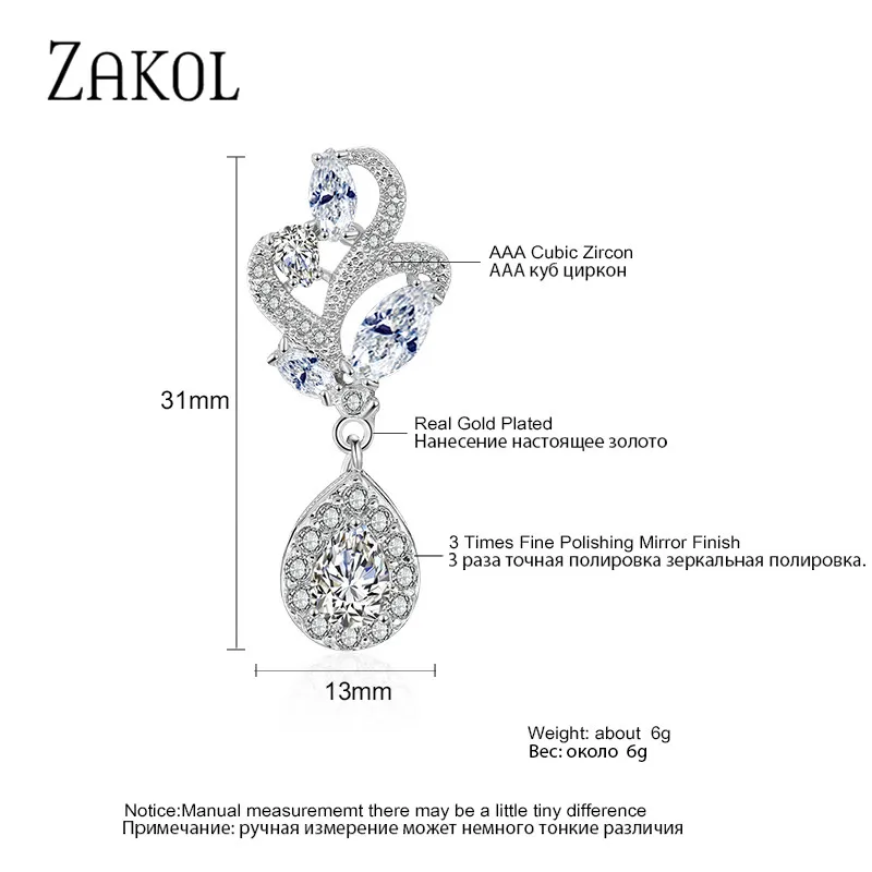 ZAKOL модные серьги-подвески с кубическим цирконием, изысканные серьги в форме капли воды, свадебные ювелирные изделия с кристаллами для женщин, FSEP1001