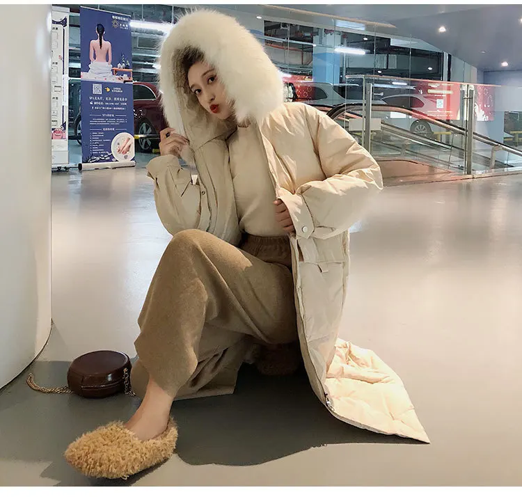 Корейский стиль, Зимний стиль, белая куртка-пуховик на утином пуху, женский воротник из натурального меха, средней длины, выше колена, для похудения, плотная, Coa